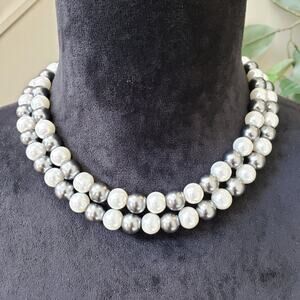 Womens Silver Tone White Pearl Beaded Collar Necklace Jewelry with Lobster Clasp